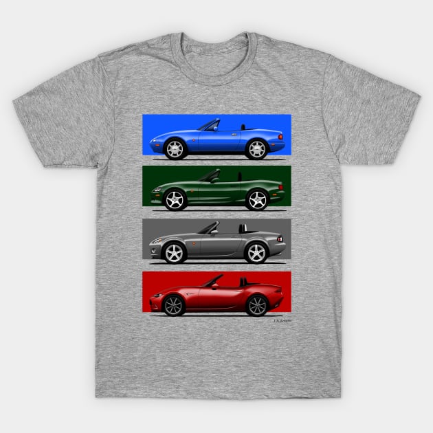 The four generations of the classic roadster convertible sports car in iconic colors T-Shirt by jaagdesign